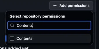 Add permissions の一覧で Contents を検索した所。押す場所(Contents)に 6 の印が付いている