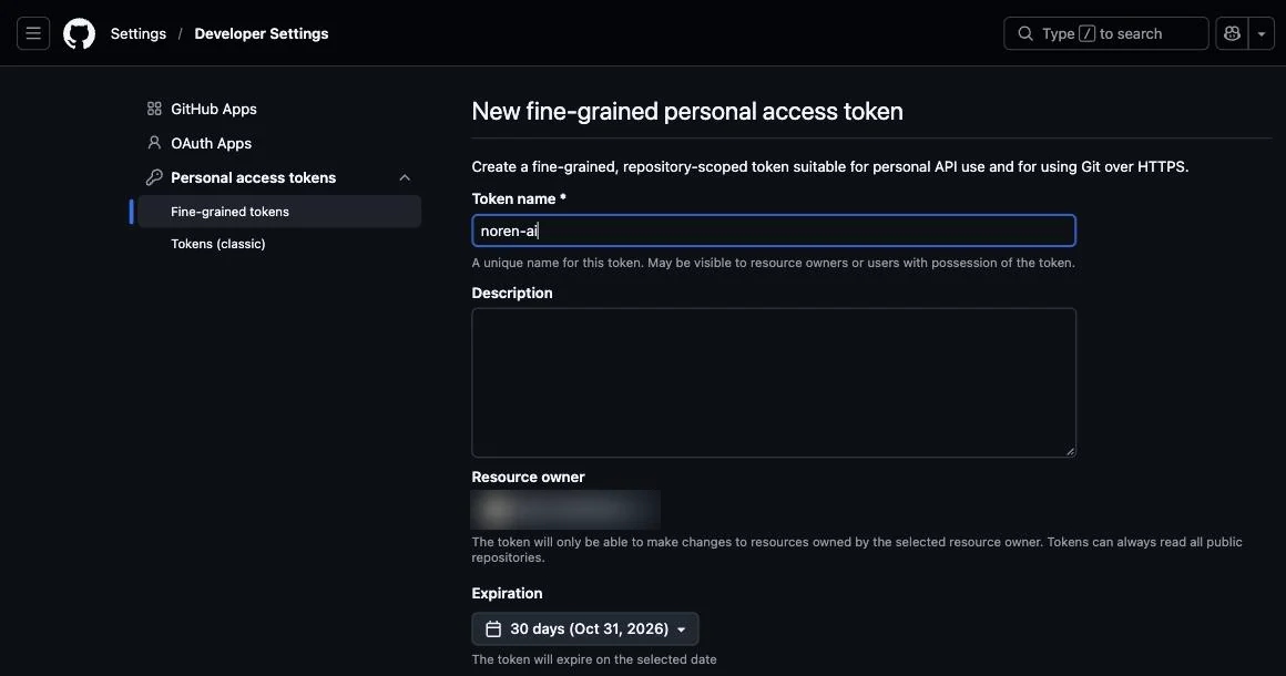 GitHub の「New fine-grained personal access token」の画面の上半分。押す場所(Fine-grained tokens)に 1 の印が付いている
