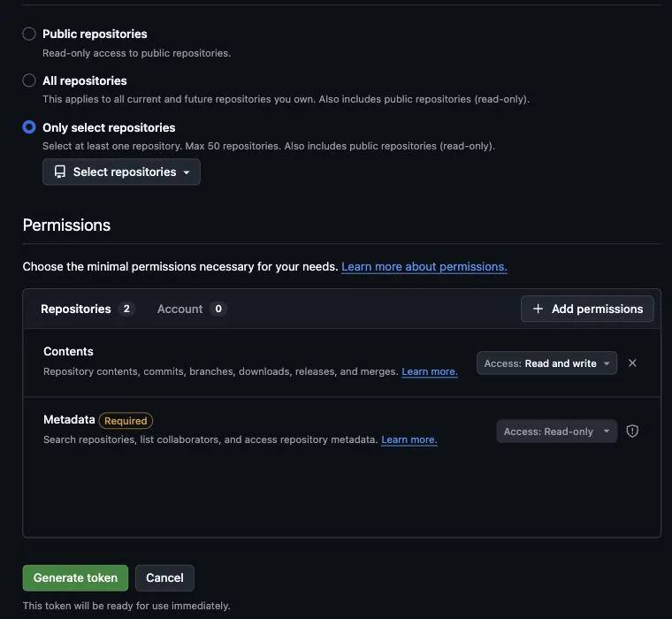 GitHub のトークン作成画面の下半分。リポジトリの選び方、権限、Generate token のボタン。押す場所(Only select repositories)に 4 の印が付いている