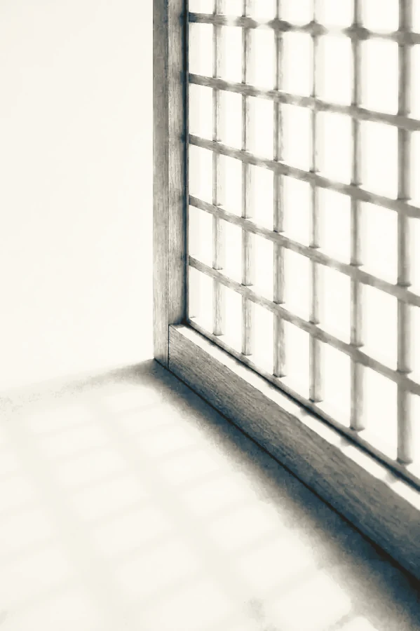 もう建っている格子の建具に光が透けている